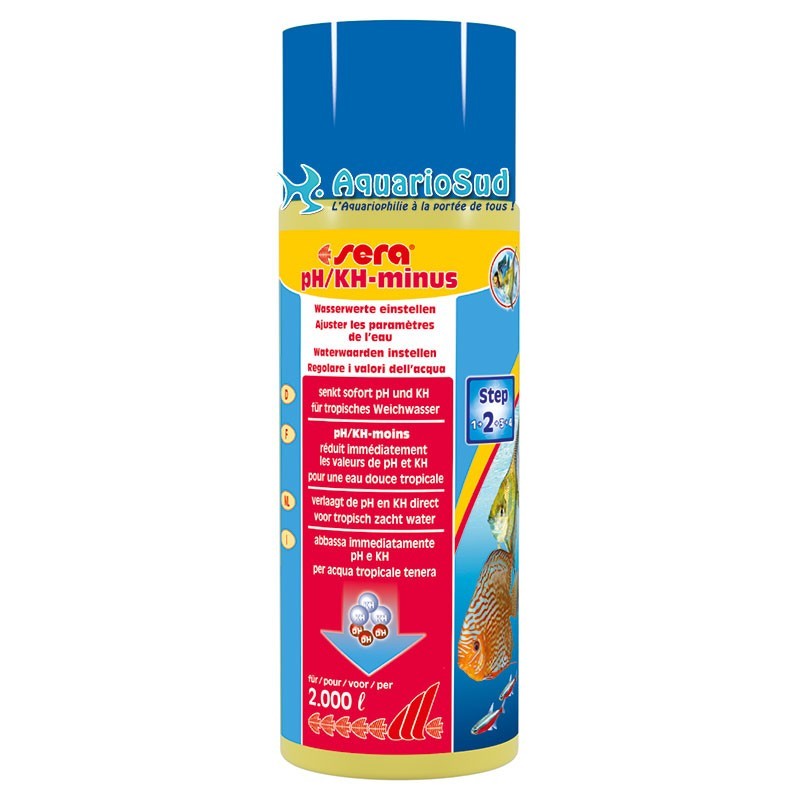 SERA pH/KH Moins, en 500 ml, pour abaisser en toute sécurité le pH d'environ 2.000 litres. SERA pH/KH Moins, en 500 ml, pour abaisser en toute sécurité le pH d'environ 2.000 litres.
