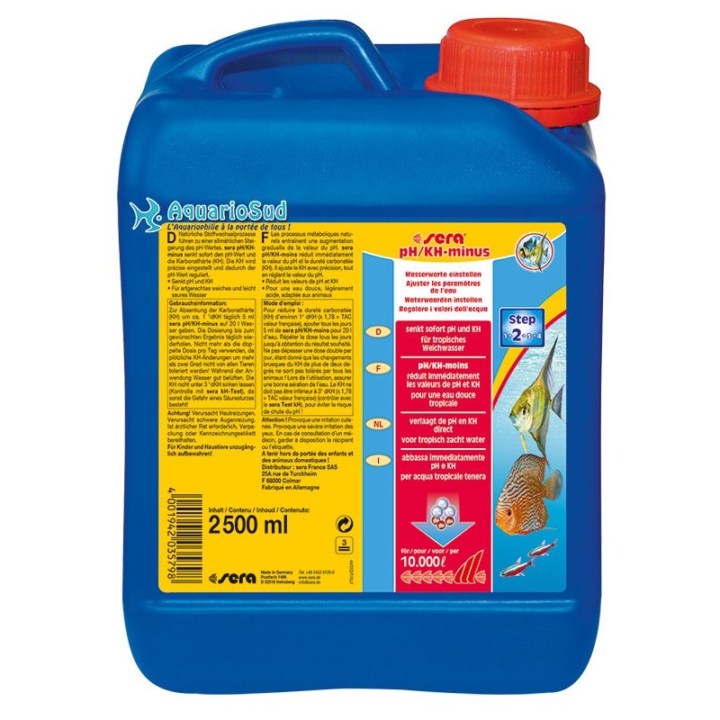 SERA pH/KH Moins, en 2500 ml, pour abaisser en toute sécurité le pH d'environ 10.000 litres. SERA pH/KH Moins, en 2500 ml, pour abaisser en toute sécurité le pH d'environ 10.000 litres.