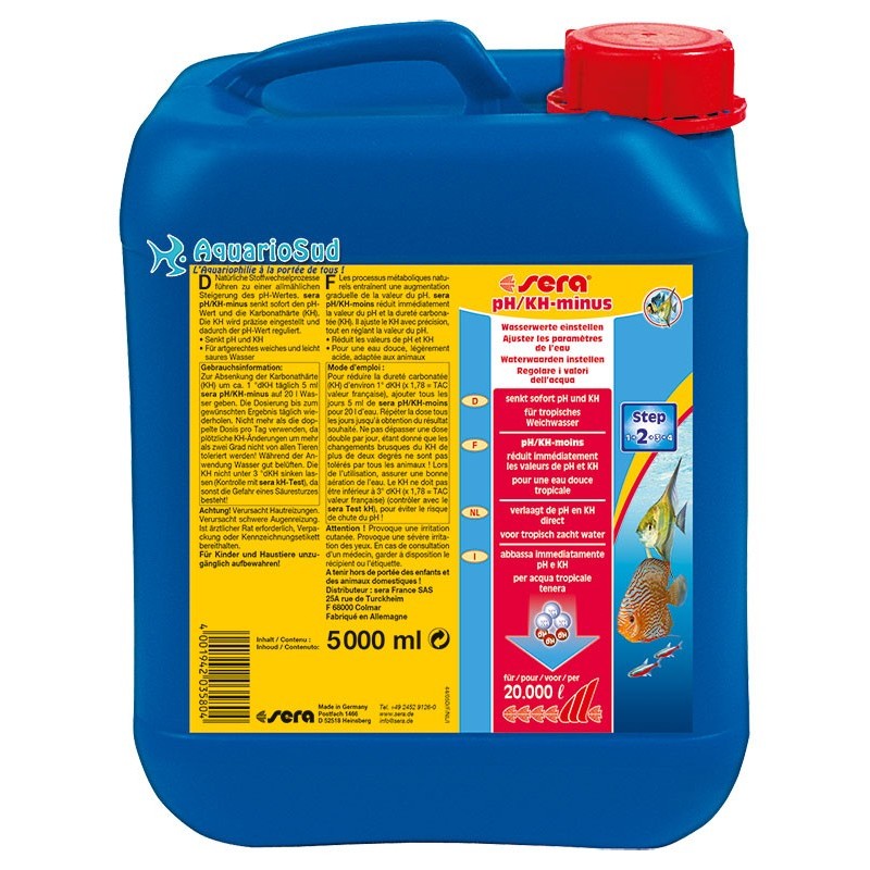 ERA pH/KH Moins, en 5000 ml, pour abaisser en toute sécurité le pH d'environ 20.000 litres. ERA pH/KH Moins, en 5000 ml, pour abaisser en toute sécurité le pH d'environ 20.000 litres.
