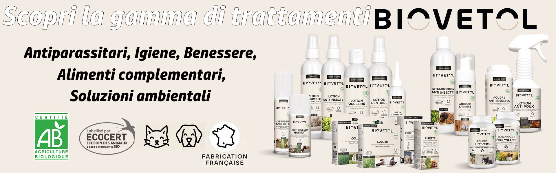 Gamma di prodotti per la cura dei cani, certificati Ecocert